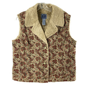 Cambridge Dry Goods Corduroy Vest Womens Large Tan Red Floral Faux Fur Button Up
